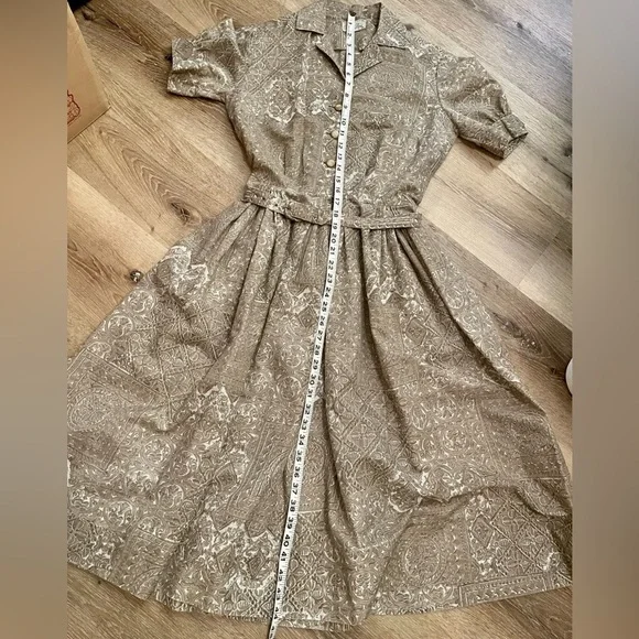 Nelly Don Vintage 1950s tan neutral shirtwaist dress S 25”w VLV rockabilly pinup - Picture 6 of 11